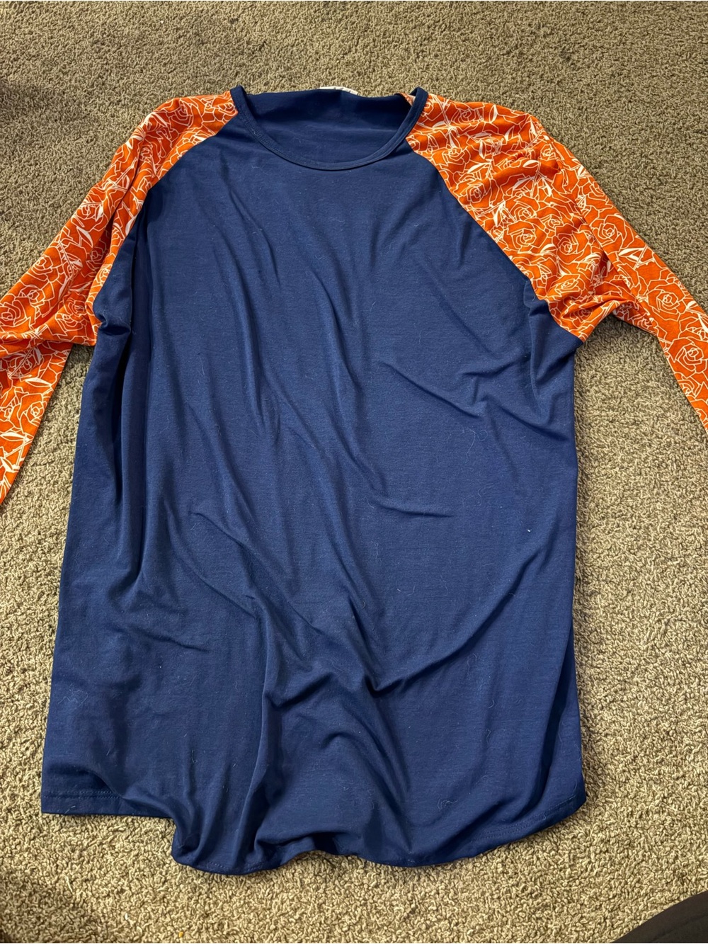 LuLaRoe Navy Blue Tee with Bright Orange Floral Raglan Sleeves